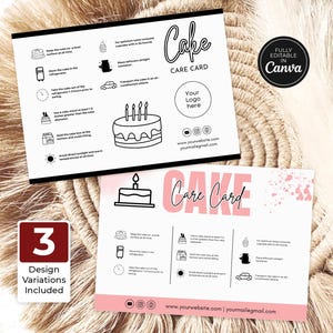 Puede incluir: Una plantilla de tarjeta de cuidado de pastel imprimible con tres variaciones de diseño. La tarjeta presenta una ilustración en blanco y negro de un pastel con velas y el texto "Cake Care Card". La tarjeta también incluye instrucciones para almacenar y servir el pastel. El texto "Totalmente editable en Canva" es visible en la esquina superior derecha de la imagen.