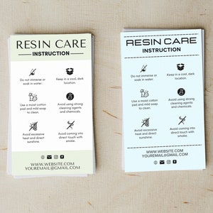 Guia de cuidados com resina Modelos para impressão, Modelos editáveis do Canva, Instruções para cartão de cuidados com resina, Inserção de embalagem de etiqueta de cartão de agradecimento de resina