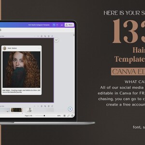 May include: A laptop screen displays a Canva template bundle for hair stylists. The screen shows a mock social media post with a woman with curly red hair. Text on the right says "133+ Hair Stylist Template Bundle CANVA EDITABLE".
