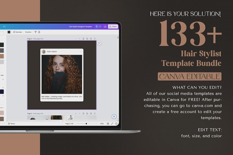 May include: A laptop screen displays a Canva template bundle for hair stylists. The screen shows a mock social media post with a woman with curly red hair. Text on the right says "133+ Hair Stylist Template Bundle CANVA EDITABLE".