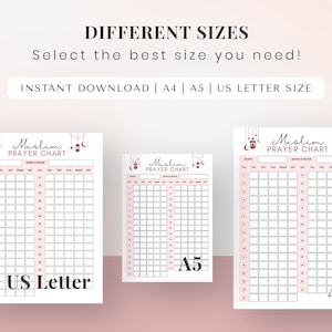 Può includere: Tre tabelle di preghiera musulmane stampabili in diverse dimensioni: US Letter, A5 e A4. Ogni tabella presenta uno sfondo rosa con un bordo decorativo di lanterne rosse e lune crescenti. Il testo "Muslim Prayer Chart" è scritto in corsivo.