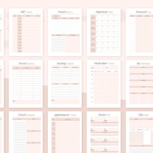 Op de afbeelding: Een printbare planner met een roze en witte kleurstelling. De planner bevat pagina's voor het bijhouden van maandelijkse doelen, financi&euml;n, reizen, afspraken en meer.