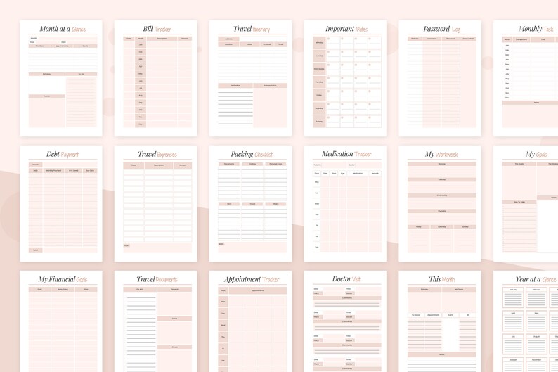 Op de afbeelding: Een printbare planner met een roze en witte kleurstelling. De planner bevat pagina's voor het bijhouden van maandelijkse doelen, financi&euml;n, reizen, afspraken en meer.