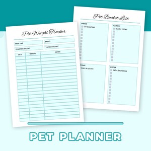 Pu&ograve; includere: Pianificatore per animali domestici stampabile con un tracker di peso e una lista di cose da fare. Il tracker di peso ha colonne per la data, il peso e le note. La lista di cose da fare &egrave; divisa in sezioni per primavera, estate, autunno e inverno con caselle di controllo per le attivit&agrave;.