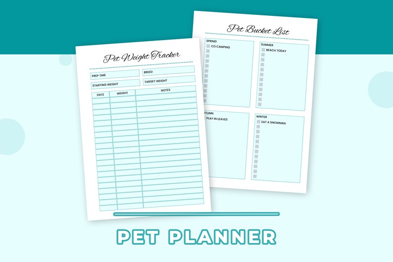 Pu&ograve; includere: Pianificatore per animali domestici stampabile con un tracker di peso e una lista di cose da fare. Il tracker di peso ha colonne per la data, il peso e le note. La lista di cose da fare &egrave; divisa in sezioni per primavera, estate, autunno e inverno con caselle di controllo per le attivit&agrave;.