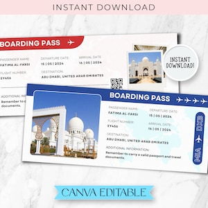 Modelo de cartão de embarque, modelos de passagens aéreas editáveis de Abu Dhabi Canva, revelação de viagem surpresa personalizada, presente de passagem aérea para férias BP-241