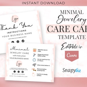 Plantilla de tarjeta de cuidado de joyas editable / Instrucciones de cuidado de joyas imprimibles / Insertos minimalistas para el cuidado de joyas