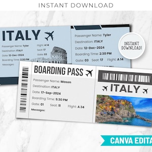 Modello Canva biglietto regalo viaggio a sorpresa ITALIA, carta d'imbarco Roma, viaggio a sorpresa a Roma, modello carta d'imbarco a sorpresa, compagnia aerea BP-303