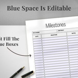 May include: A printable pet milestone tracker with columns for pet's name, date, milestone, birthday, and notes. The text "Milestones" is at the top of the page. The text "Just Fill The Blue Boxes" is in the lower left corner of the page.