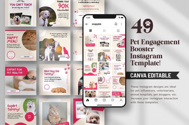 Puede incluir: Una pantalla de tel&eacute;fono que muestra 49 plantillas de publicaciones de Instagram con varias im&aacute;genes de perros y gatos. El texto en la pantalla dice "Pet Engagement Booster Instagram Template! Canva Editable". El texto debajo de la pantalla del tel&eacute;fono dice "Estos dise&ntilde;os de Instagram son ideales para influencers de mascotas, veterinarios, hospitales de animales, blogueros de mascotas, etc. Aumenta la interacci&oacute;n de tu Instagram con estas plantillas."