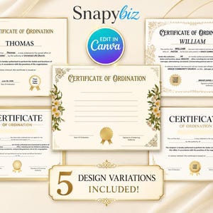 May include: Five certificate of ordination templates featuring cream backgrounds, gold floral borders, and black text. The designs include placeholders for names, dates, and logos, with a circular blue and purple badge labelled Edit in Canva.