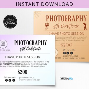 Photography Gift Certificate Template, Photographer Gift Card Canva Template, Photography Gift Voucher, Boho Editable Gift Card CC-117