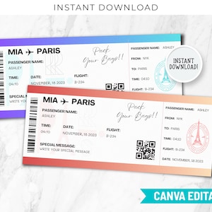 Modelo de bilhete de embarque para Paris, modelos de bilhetes de avião editáveis para viagem a Paris, revelação de viagem surpresa para Paris para impressão, voo