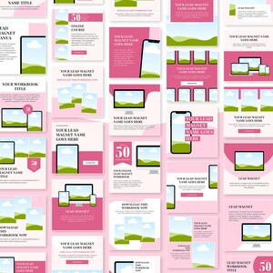 May include: A collection of social media post templates featuring a pink background with green hills and white clouds. The templates include text such as "Lead Magnet Canva", "Your Lead Magnet Name Goes Here", and "Download This Workbook Now".