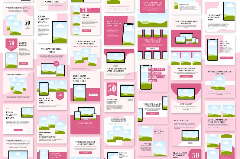 May include: A collection of social media post templates featuring a pink background with green hills and white clouds. The templates include text such as "Lead Magnet Canva", "Your Lead Magnet Name Goes Here", and "Download This Workbook Now".