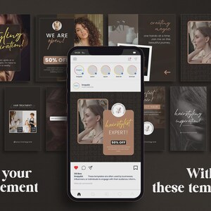 May include: A smartphone displays a social media post with a hair stylist theme. Surrounding the phone are various promotional templates in shades of brown and black, with text like "hairstyling inspiration" and "hair stylist expert!"
