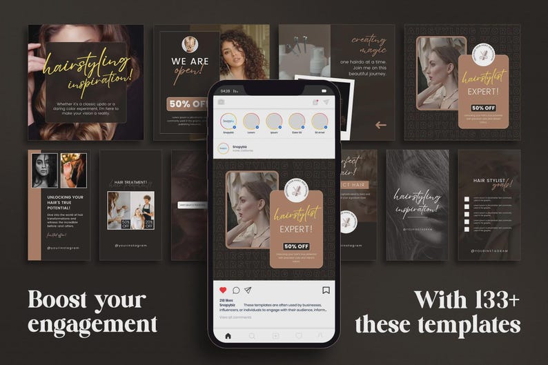 May include: A smartphone displays a social media post with a hair stylist theme. Surrounding the phone are various promotional templates in shades of brown and black, with text like "hairstyling inspiration" and "hair stylist expert!"