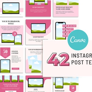 May include: A set of 42 pink and black Instagram post templates featuring a landscape scene and text that says "Your Lead Magnet Name Goes Here" and "50".