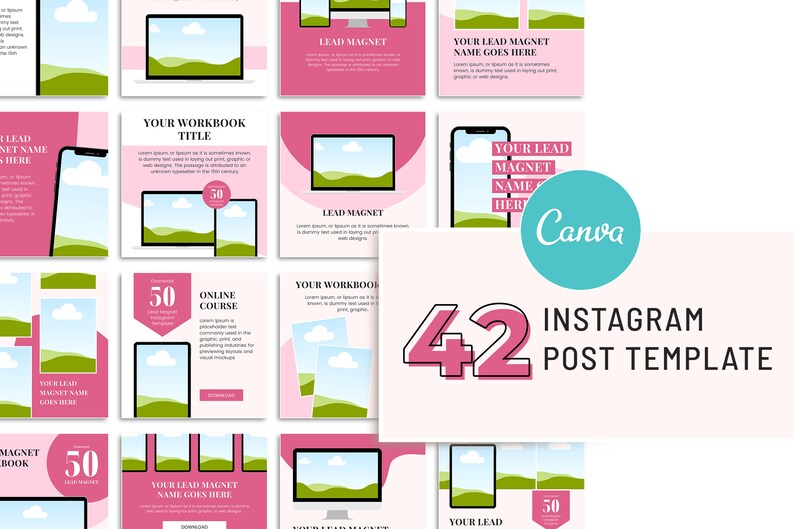 May include: A set of 42 pink and black Instagram post templates featuring a landscape scene and text that says "Your Lead Magnet Name Goes Here" and "50".