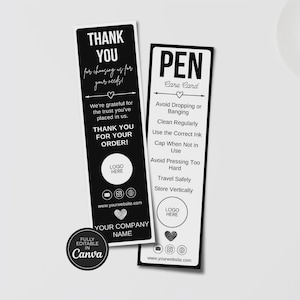 May include: Two black and white cards with text, a coffee cup, a keyboard, and a pen on a white surface. One card says "THANK YOU" and the other says "PEN Care Card". The cards have social media icons and a space for a logo.