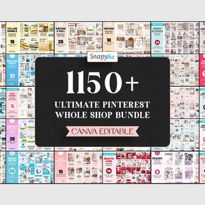 Może przedstawiać: Cyfrowa kolekcja ponad 1150 szablonów Pinterest zorganizowanych w siatkę o różnych tematach, w tym jedzenie, podróże, biznes i zdrowie. Centralna czarna prostokątna grafika zawiera tekst 1150+ ULTIMATE PINTEREST WHOLE SHOP BUNDLE CANVA EDITABLE.