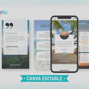 May include: A smartphone displays travel-themed Instagram templates. The templates include a testimonial, travel packages, and a checklist. The phrase "CANVA EDITABLE" is displayed on a teal banner.