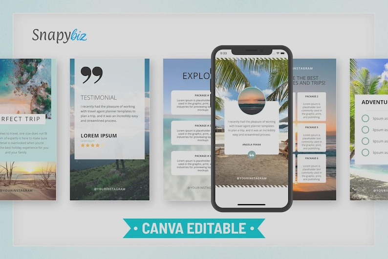 May include: A smartphone displays travel-themed Instagram templates. The templates include a testimonial, travel packages, and a checklist. The phrase "CANVA EDITABLE" is displayed on a teal banner.
