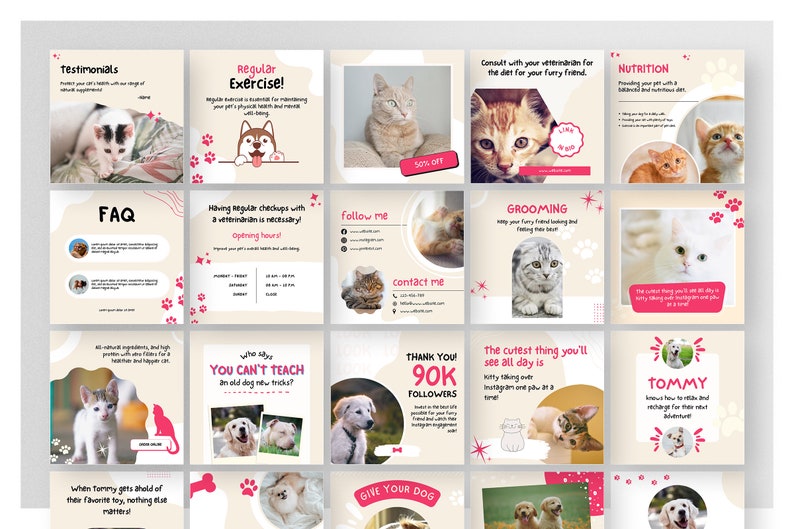 Puede incluir: Una colecci&oacute;n de 16 plantillas de publicaciones de Instagram con adorables gatos y perros. Las plantillas est&aacute;n dise&ntilde;adas en un esquema de color rosa claro y crema con acentos de huellas de patas. El texto en las plantillas incluye frases como "Ejercicio regular", "Aseo", "Nutrici&oacute;n", "S&iacute;gueme", "Cont&aacute;ctame", "Gracias 90K seguidores" y "Dale a tu perro".