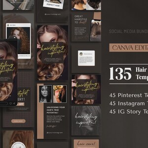 May include: A collection of social media templates for hair stylists. The templates are Canva editable and include 45 Pinterest, Instagram, and IG Story templates. The design features images of hairstyles and the text "hairstyling inspiration!"