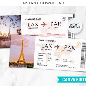 Modello di biglietto aereo a sorpresa per viaggio con carta d'imbarco a Parigi Canva Modello di biglietto aereo a sorpresa per viaggio con carta d'imbarco stampabile Invito a sorpresa per le vacanze Biglietto aereo falso Rivela 65