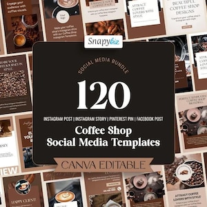 以下が含まれることがあります： コーヒーショップ向けのソーシャルメディアテンプレートのコレクション。茶色とベージュの色合いで、コーヒー豆、コーヒー飲料、コーヒーショップのシーンの画像が含まれています。「Coffee Shop Social Media Templates」と「120 Instagram Post, Story, Pinterest Pin, Facebook Post」のテキストが含まれています。