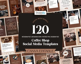 May include: A collection of social media templates for coffee shops. The templates are in shades of brown and beige, with images of coffee beans, coffee drinks, and coffee shop scenes. The text includes "Coffee Shop Social Media Templates" and "120 Instagram Post, Story, Pinterest Pin, Facebook Post".