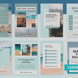 May include: A collection of travel-themed social media templates in shades of blue, white, and sand. The designs include text such as "Are you thinking of planning your next vacation?" and "Ready to Escape!" with images of beaches and travel destinations.