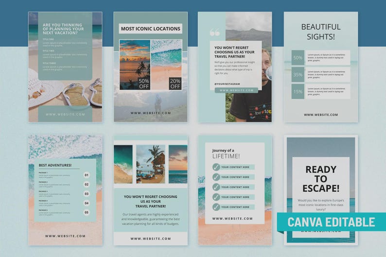 May include: A collection of travel-themed social media templates in shades of blue, white, and sand. The designs include text such as "Are you thinking of planning your next vacation?" and "Ready to Escape!" with images of beaches and travel destinations.