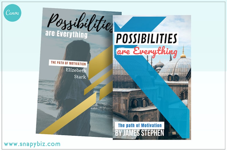 May include: Two book covers with the title "Possibilities are Everything" in a bold, white font. The first cover features a woman standing on a beach with a blue and gold geometric design. The second cover features a building with a blue and white geometric design. Both covers include the text "The Path of Motivation".