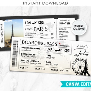 Modèle canevas de carte d'embarquement pour Paris, carte d'embarquement imprimable Invite voyage surprise Billet d'embarquement sur le vol vacances compagnie aérienne voyage