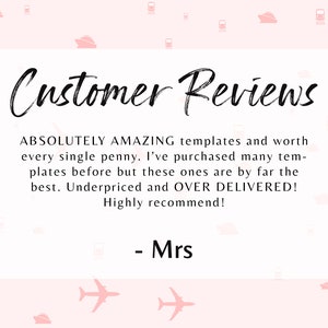Puede incluir: Un fondo rosa con aviones blancos y un rect&aacute;ngulo blanco con el texto "Customer Reviews" y una rese&ntilde;a de un cliente que dice "ABSOLUTELY AMAZING templates and worth every single penny. I've purchased many templates before but these ones are by far the best. Underpriced and OVER DELIVERED! Highly recommend! - Mrs"