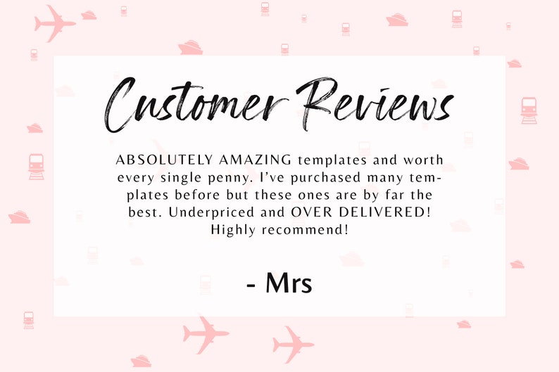 Puede incluir: Un fondo rosa con aviones blancos y un rect&aacute;ngulo blanco con el texto "Customer Reviews" y una rese&ntilde;a de un cliente que dice "ABSOLUTELY AMAZING templates and worth every single penny. I've purchased many templates before but these ones are by far the best. Underpriced and OVER DELIVERED! Highly recommend! - Mrs"