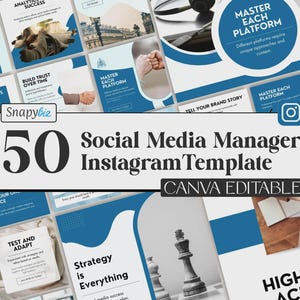 Può includere: Un insieme di modelli di social media per Instagram in blu e bianco. Il testo "50 Social Media Manager Instagram Template CANVA EDITABLE" è visibile.