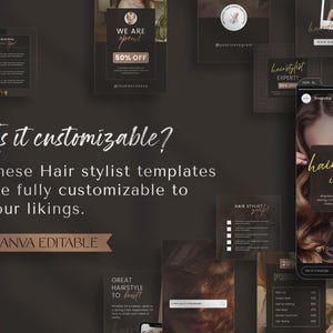May include: A collection of customizable hair stylist templates, featuring a variety of designs with text like "hairstyling inspiration" and "Canva Editable." The templates are displayed on a dark background with a variety of layouts.
