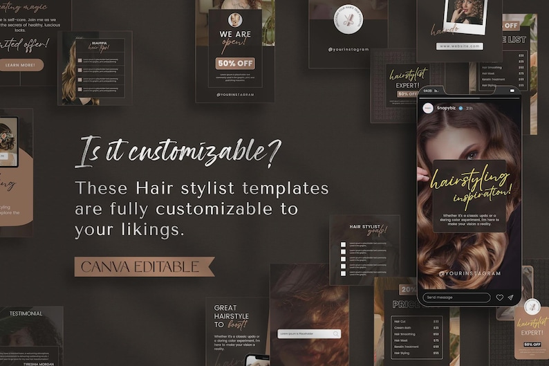 May include: A collection of customizable hair stylist templates, featuring a variety of designs with text like "hairstyling inspiration" and "Canva Editable." The templates are displayed on a dark background with a variety of layouts.