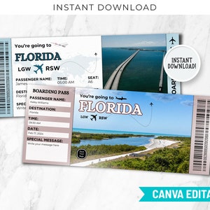 Modello di carta d'imbarco, biglietto di viaggio modificabile per vacanze in Florida, biglietto aereo Canva, sorpresa di viaggio, regalo biglietto aereo