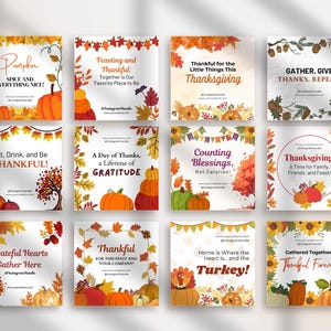 May include: A collection of twelve square graphics with fall-themed designs. Each graphic features text related to Thanksgiving, pumpkins, and autumn leaves in orange, yellow, and brown hues. The overall theme is festive and celebratory.