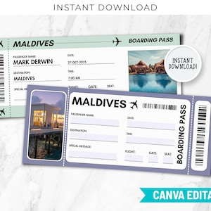 Maldives Boarding Pass Ticket Template, Editable Maldives Travel Trip Airline Ticket Canva Templates, Surprise Vacation Birthday Gift BP-230