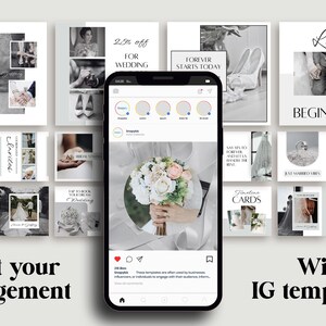 以下が含まれることがあります： 白黒のウェディングテーマのInstagramテンプレートのコレクション。電話には花のブーケが表示されています。「Personalized Signage」、「25% off for Wedding」、「Love Begins Here」などのテキストが含まれています。画像はエンゲージメントを促進します。