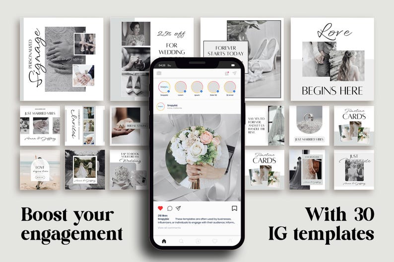 以下が含まれることがあります： 白黒のウェディングテーマのInstagramテンプレートのコレクション。電話には花のブーケが表示されています。「Personalized Signage」、「25% off for Wedding」、「Love Begins Here」などのテキストが含まれています。画像はエンゲージメントを促進します。