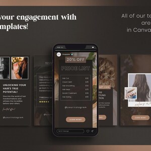 May include: A smartphone displays a price list with a 20% discount, surrounded by templates for social media posts. The templates feature hair styling themes, with text like "Boost your engagement" and "hair styling inspo."