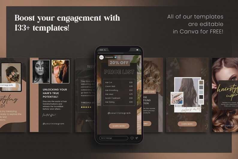 May include: A smartphone displays a price list with a 20% discount, surrounded by templates for social media posts. The templates feature hair styling themes, with text like "Boost your engagement" and "hair styling inspo."