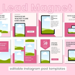 May include: Six Instagram post templates with a pink and white background. Each template features a landscape scene with green hills, blue clouds, and a white sky. The templates include text such as "Download this workbook now", "Your lead magnet name goes here", "50 lead magnet Instagram templates", and "Online course".