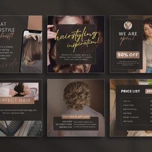 May include: A collage of six square images with a dark background. The images promote hairstyling services, featuring text like "Great Hairstyle to Boost!" and "Hairstyling Inspiration!" One image shows a price list with a 20% discount.